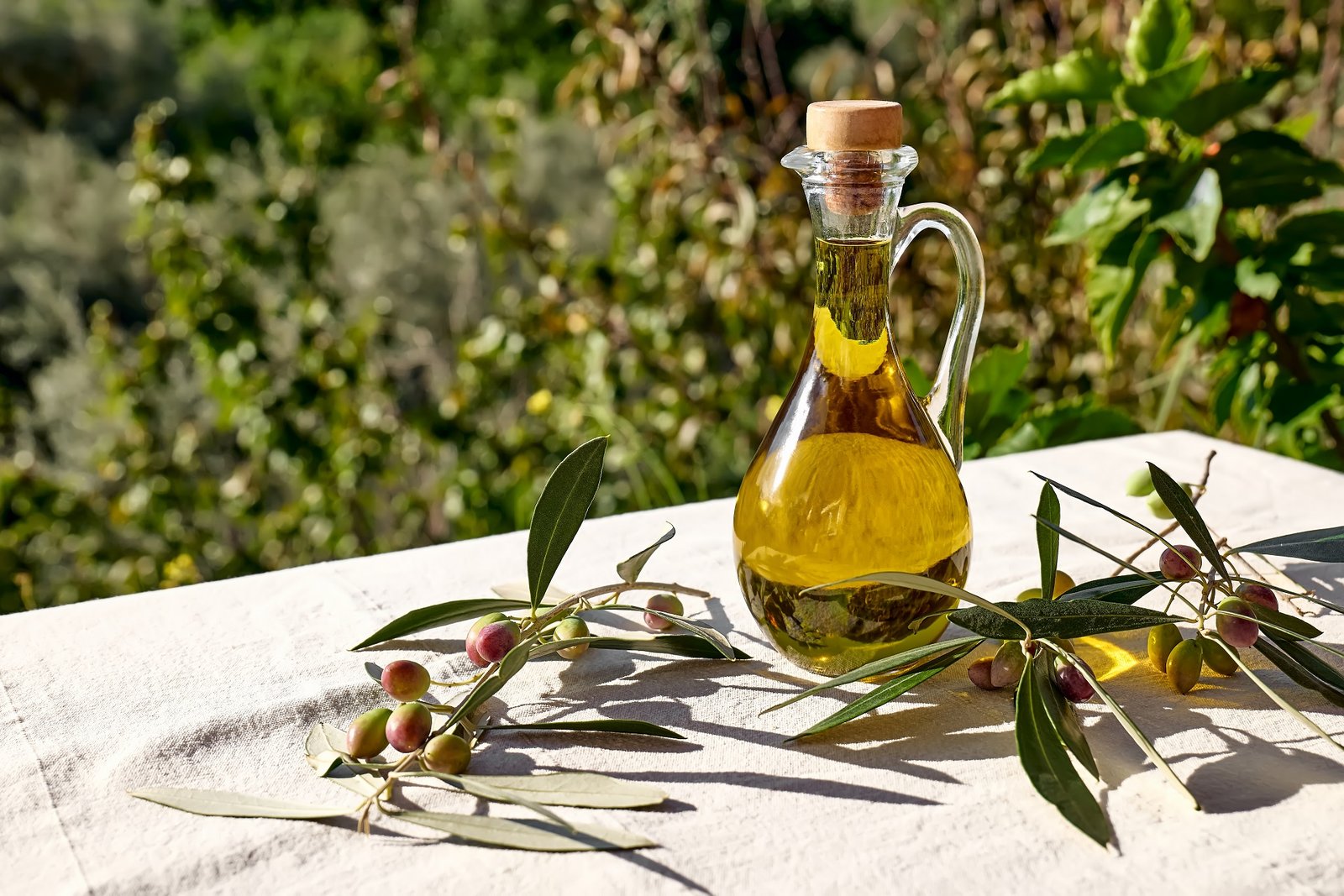 Extra virgin olive oil and olive branch in the bottle on the table with linen tablecloth in the olive grove. Healthy mediterranean food.