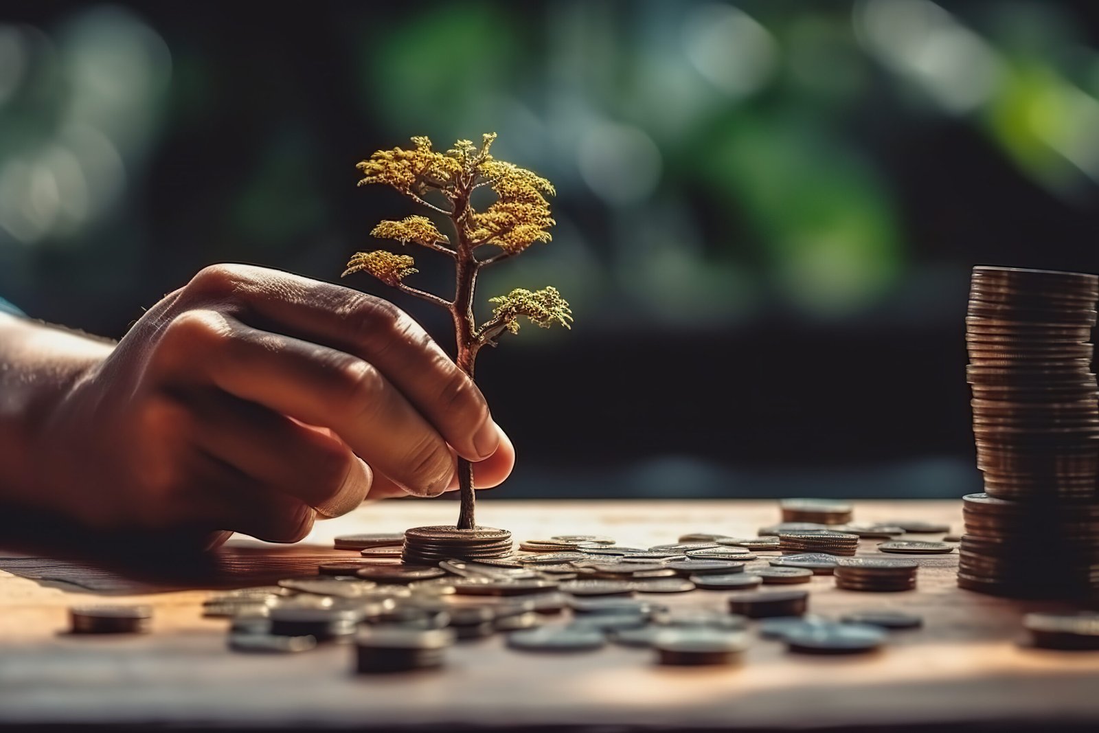 A businessman putting a plant on top of a pile of coins